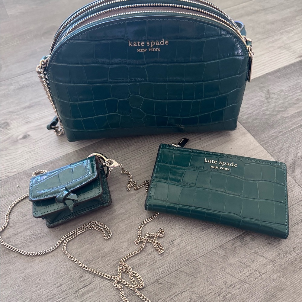 Kate Spade Dark Green Croc-Embossed Crossbody SET- 3 PIECES included!!!